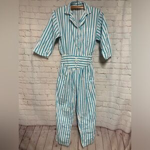 Vintage RARE Thank Heaven Striped Blue and White Jumpsuit USA XS
